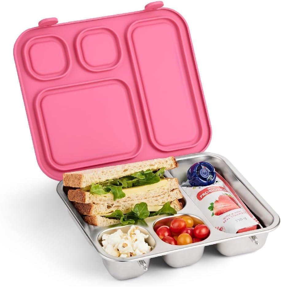 Elk and Friends Kids Stainless Steel Bento Box with Silicone Lid | Leak-proof | Toddler Lunch Container | 4 Compartments | Dishwasher Safe (Pink)