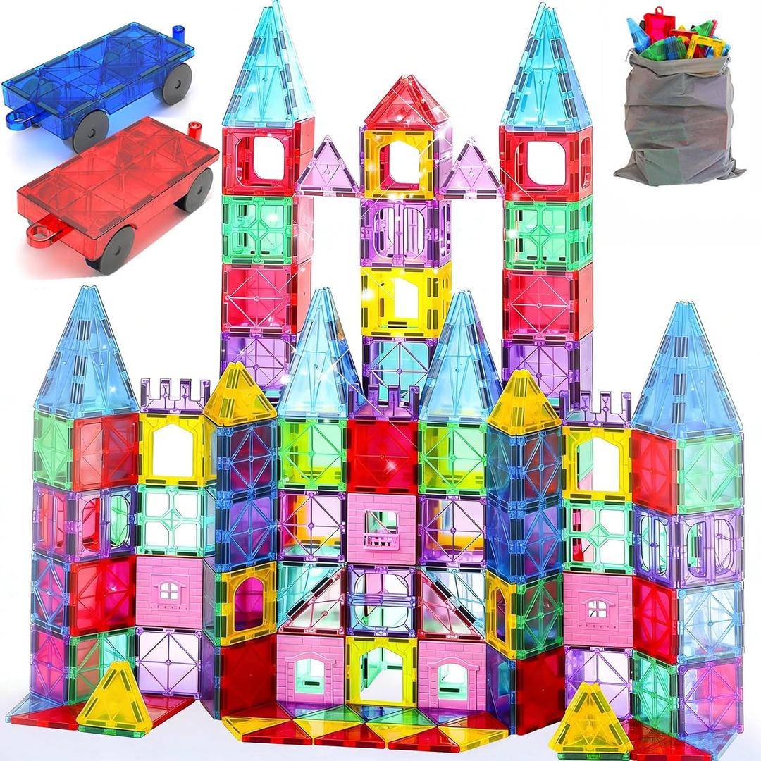 Upgraded Antibacterial Magnetic Tiles - 106 PCS Magnet Building Tiles with 2 Cars for Kids, Inhibits Bacterial Growth for Safe Play, 3D STEM Educational Construction Blocks & Xmas Gift