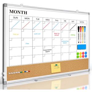 Dry Erase Calendar Whiteboard for Wall, 24"x18" Magnetic Monthly White Board Cork Board Combo, Double Sided, Aluminum Frame, Wall Hanging Wipe Board for Home, Office, School, Dorm (Silver)