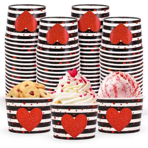 Valentine's Day Snack Cup Disposable Bowls Striped Heart 9 Oz Ice Cream Dessert Food Treat Paper Bowls for Wedding Anniversary Mother's Day Party Favor Supplies, 50 Pcs