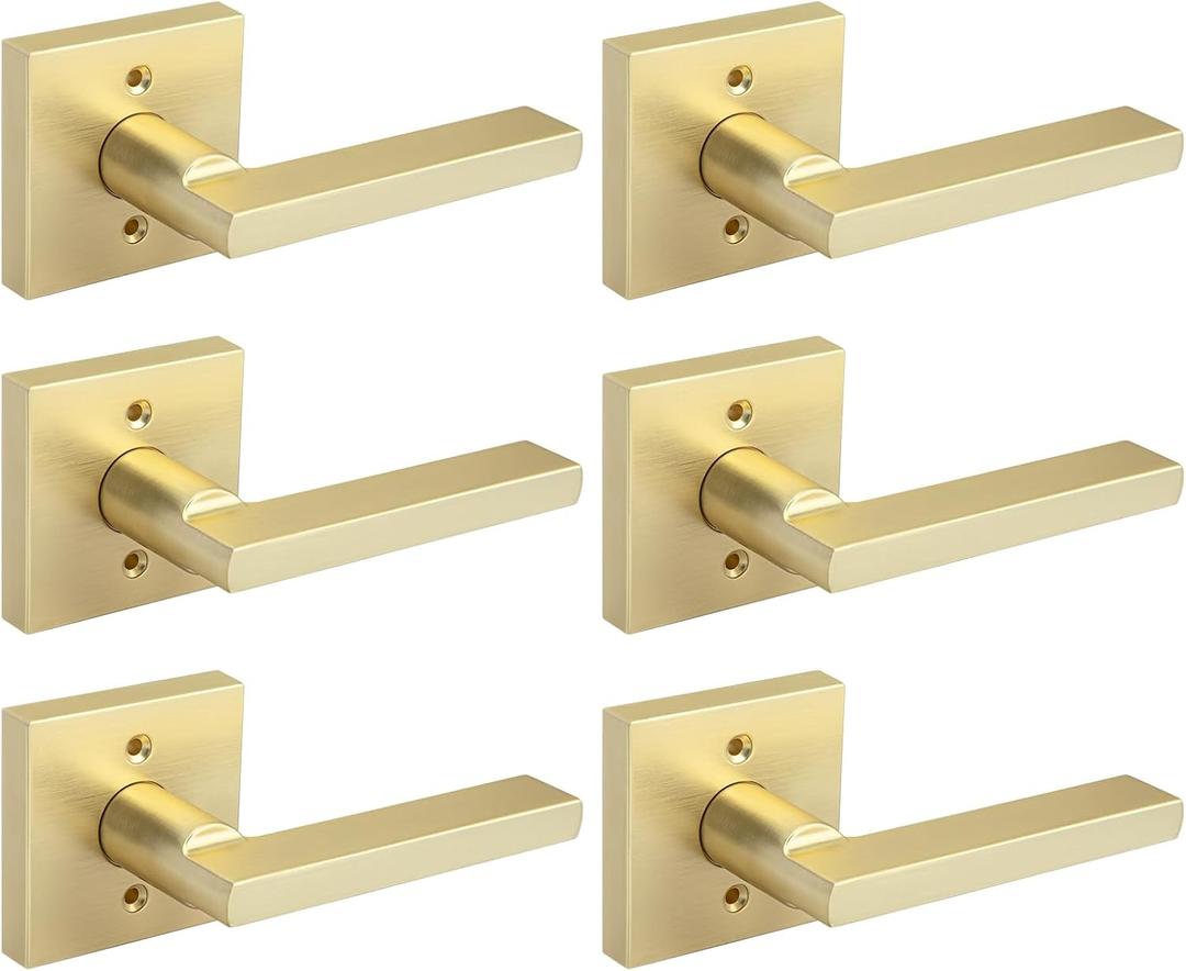 Haidms Brushed Gold Dummy Door Handles, Half Brushed Brass No-Turning Dummy Handles for Closet Doors, Zinc-Alloy Single-Sided Door Locks (6 Pieces/3 Packs)