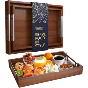 Set of 2 Decorative Serving Trays - Bamboo + Silver Stainless Steel Handles - Coffee Table or Ottoman Tray for Breakfast in Bed Jewelry, Decor Organization - 12"x17" - Stained Brown Finish