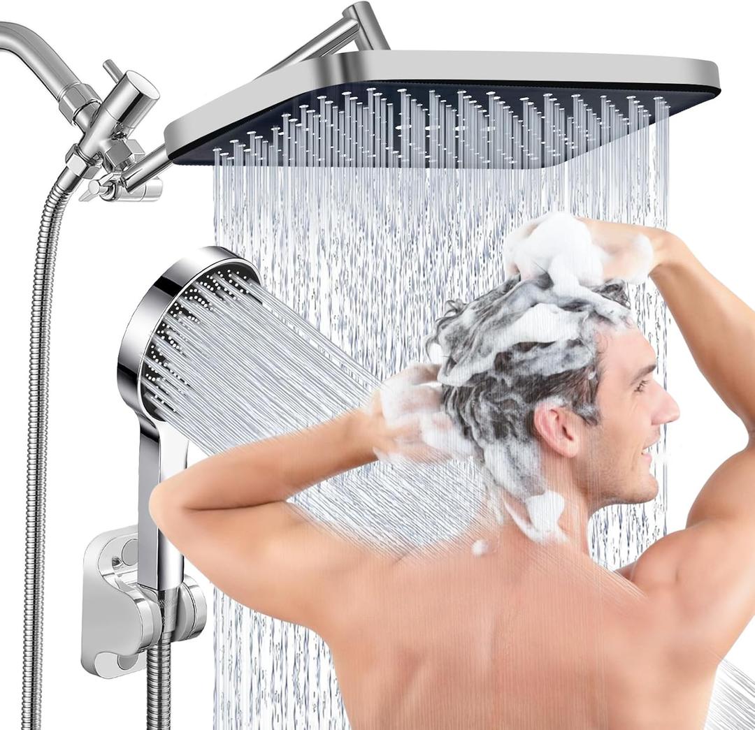 Shower Head,14" High Pressure Shower Combo,Rainfall Shower System with Handheld Spray,All Metal 3-Way Diverter & 6ft Hose,Anti-Clog Nozzles,Easy to Install in Bathrooms-Chrome
