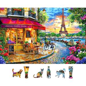 Paris Street 500 Piece Jigsaw Puzzle for Adults & Seniors, Eiffel Tower Cafe Scene Sunset, Romantic Parisian Landscape Travel Art, Family Puzzle with Letters on Back(23" x 15")