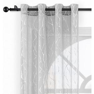 Kotile Silver Grey Sheer Curtains 2 Panels Set Grommet Top Metallic Silver Foil Branch Pattern Light Filter & Privacy Voile Drapes 95 Inch Length for Living Room, 52 x 95 Inch, 2 Panels, Gray