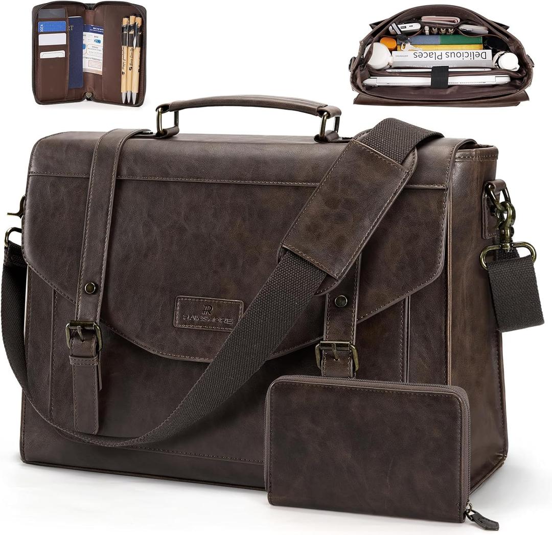 RAINSMORE Flap Messenger Bag for Men Vintage PU Leather Laptop Bag 15.6 Inch Retro Briefcase with Wallet Satchel Computer Bag (Coffee)