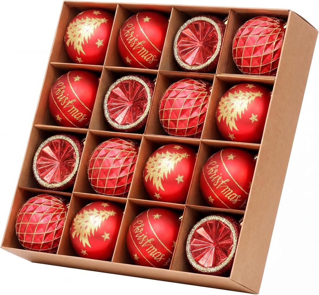 16pcs Christmas Tree Ornaments - Red Christmas Ball Ornaments Set for Christmas, Holiday, Wreath & Party Decorations - Shatterproof, 60mm/2.36"