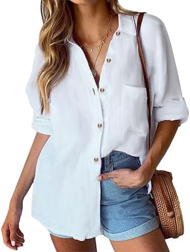HOTOUCH Womens Linen Button Down Shirt Casual Long Sleeve Cotton Blouse Loose Fit Collared Work Gauze Tops with Pocket, Size Medium