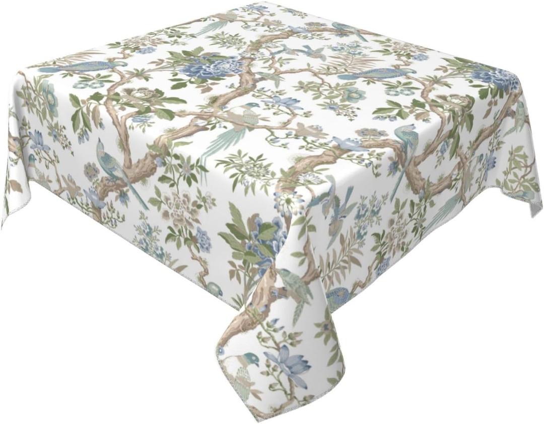 Chinoiserie Square Tablecloths 60x60 Inches Blue Green Floral Birds Decorative Square Tablecloths Modern Washable Reusable Vintage Flower Table Covers for Home Kitchen Dining Room,Party Decor