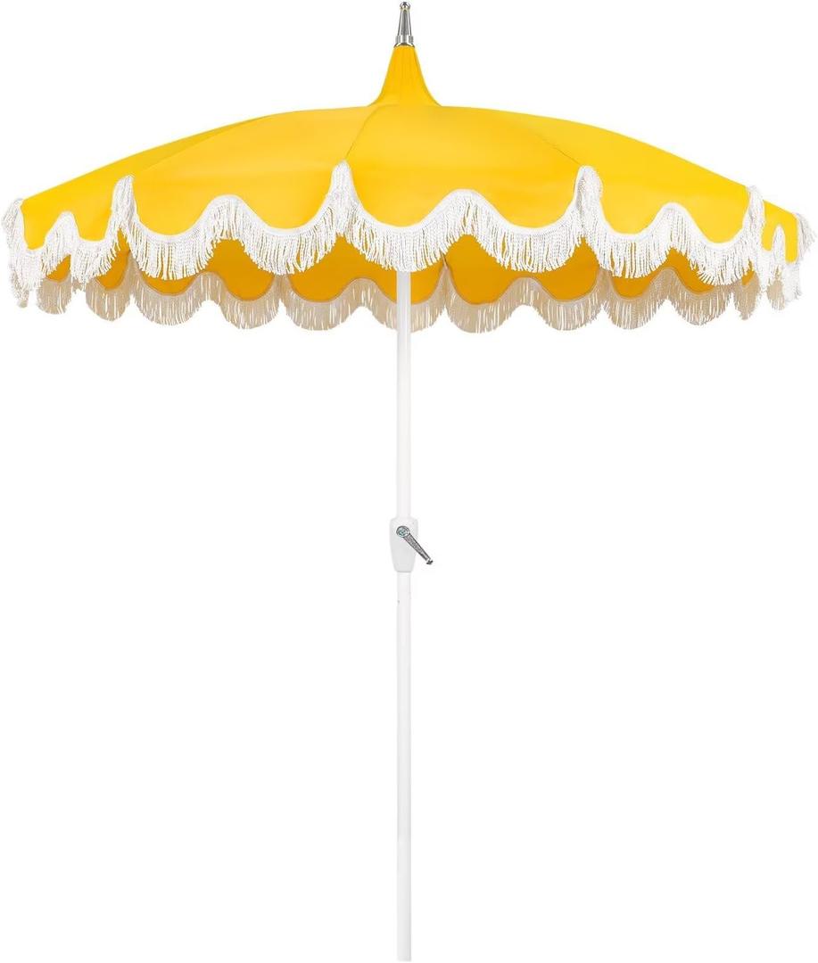 7.5ft Pagoda Patio Umbrella with Fringe, UPF50+ Tassel Umbrella with Crank & Fiberglass Ribs, Holiday Outdoor Umbrella for Garden Pool Lawn Yard Table