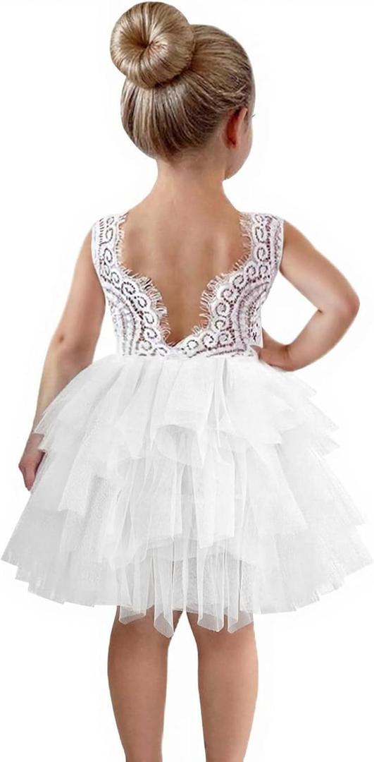 2Bunnies Girl Peony Lace Back A-Line Tiered Tutu Tulle Party Flower Girl Dress (2T, #2 White Short Sleeveless)