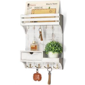 Rebee Vision Farmhouse Key Holder Wall Mount with Mini Drawer Organizer - Decorative Mail Organizer with 9 Key Hooks & Shelf - Ideal Apartment Essentials for Home Decor (Whitewash)