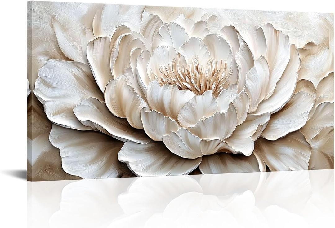 VANSEEING White Flower Canvas Wall Art Peony Floral Pictures Oil Painting Prints Aesthetic Botanical Modern Artwork Wall Decor for Living Room Home Office Dining Room Ready to Hang 20" x 40"