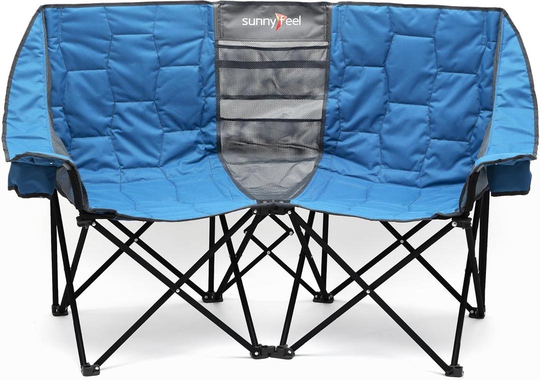 SUNNYFEEL Folding Double Camping Chair, Oversized Loveseat Chair, Heavy Duty Portable/Foldable Lawn Chair with Storage for Outside/Outdoor/Travel/Picnic, Fold Up Camp Chairs for Adults 2 People (Blue)