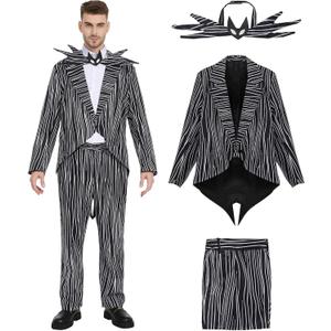 Halloween Costume Men Stripes Outfit Tail Coat Suit for Halloween Christmas Cosplay Party (Large)