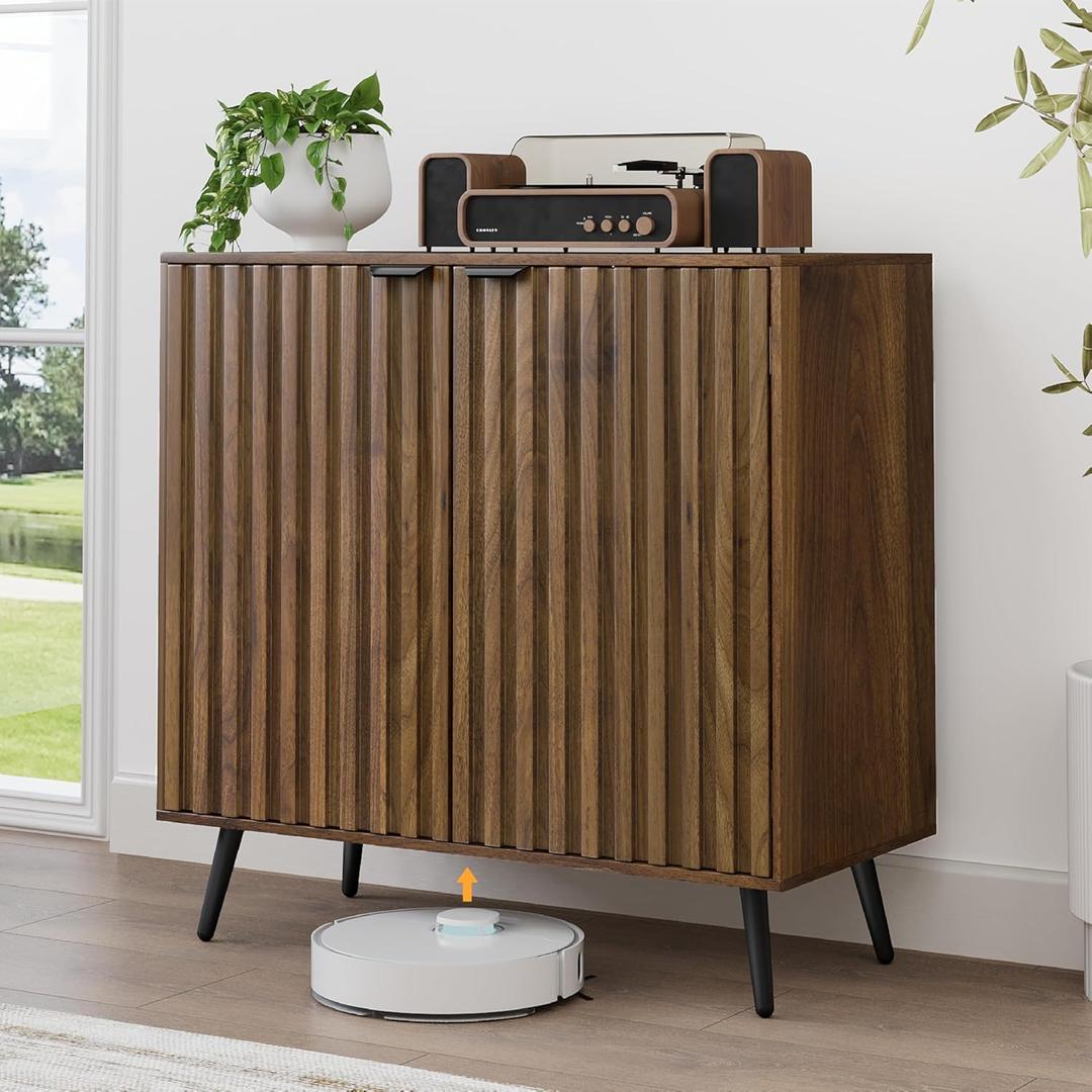 Smuxee Fluted Sideboard Cabinet, Freestanding Walnut Buffet Cabinet with Adjustable Shelf, Wood Storage Cabinet for Living Room, Entryway, Hallway, Wide-31.69 in