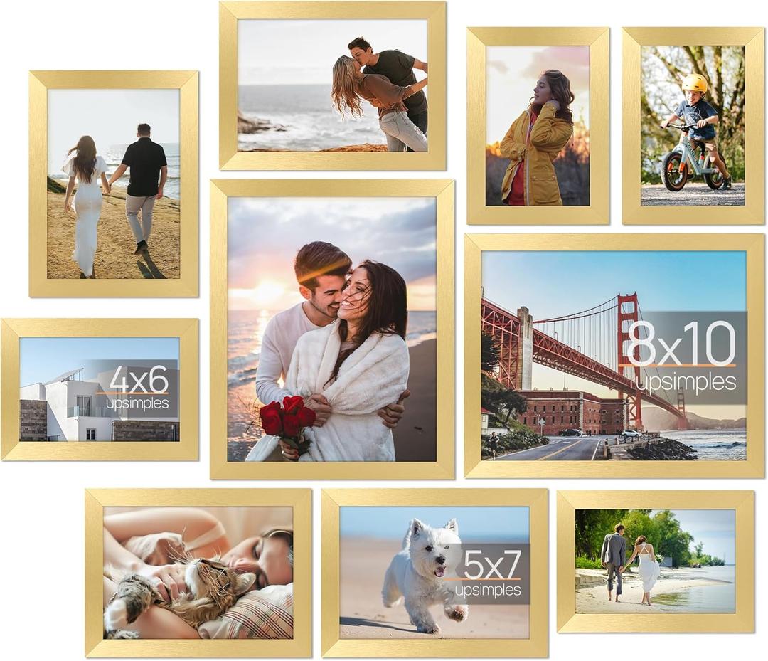 Upsimples 10 Pack Picture Frames Collage Wall Decor for Mounting or Tabletop Display, Photo Gallery Frame Set for Family, Multi Sizes Including 8x10, 5x7, 4x6, Gold