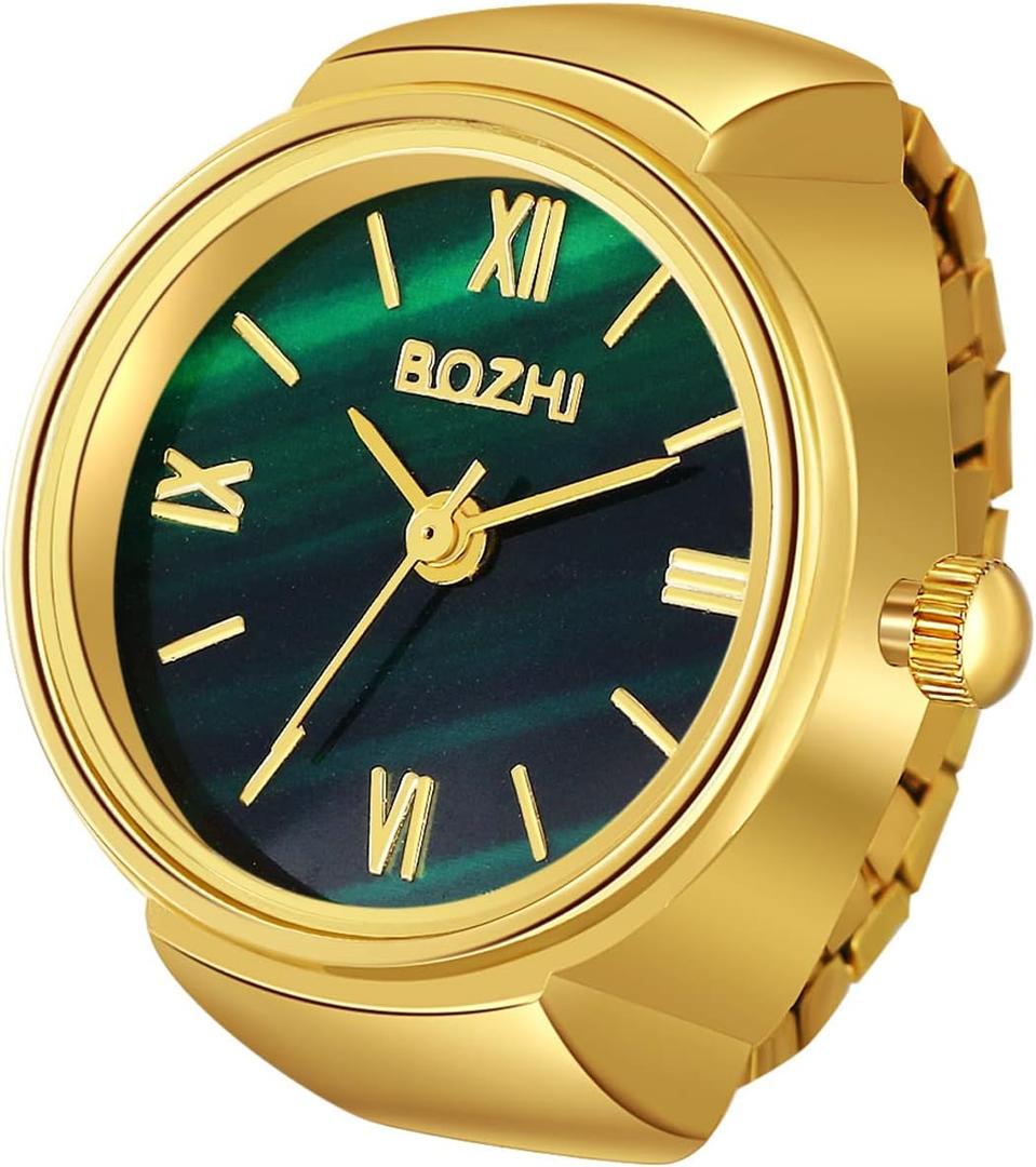 JewelryWe Men Women Finger Watch Stretchy Band Elastic Round Simple Dial Quartz Ring Watches for Valentine's Day (Green/Gold)