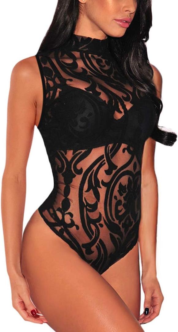 Lrady Women's Sheer Mesh Turtleneck Neck See Through Leotard Bodysuit Body Tops (Medium, Black-12)