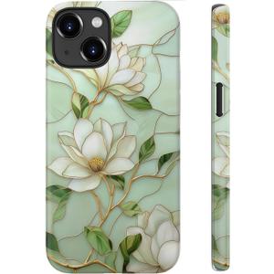 for iPhone 13 Case Cute - Wireless Charging Compatible - Dual-Layer Hard Shell + Silicone Cover - Aesthetic Protective Phone Case for Women - Vintage Magnolia Flowers