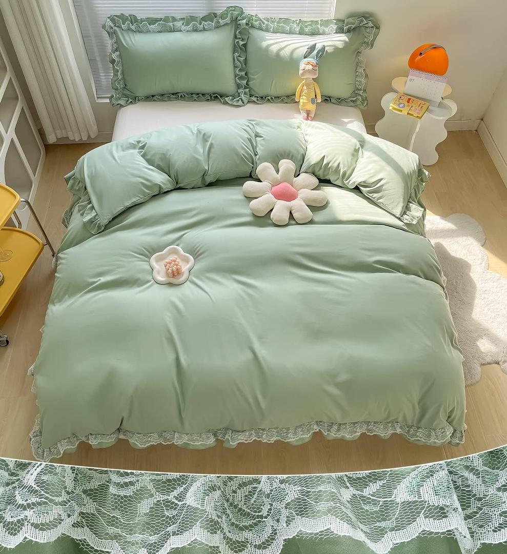 MOOWOO Chic Ruffle Lace Polyester Duvet Cover Set -Girl Green Bedding-2 Piece Twin Duvet Cover with Zipper Closure -Ultra Soft and Light Weight (Green,Twin Size)