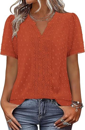 BETTE BOUTIK Women Short Sleeve Boho Tops Summer Dressy Casual Shirts Trendy Western Blouses, Bright Orang 2XL