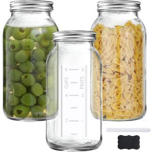 FyndraX 64 OZ Wide Mouth Mason Jars with Lids, Clear Heavy Duty Glass Airtight Storage Canning Jar and Band Half Gallon / 2 Quart Fermenting, Pickling, Storing, Pack of 3