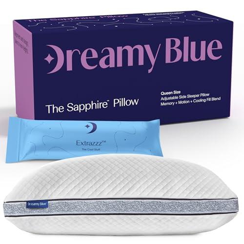 DreamyBlue Gusseted SAPPHIRE Pillow • Adjustable Loft, Luxury Cover, Shredded Memory Foam Fill w/Airflow Beads •Ideal For Wide Shoulders •Neutral Alignment for All • CertiPUR-US Certified Foam (Queen)