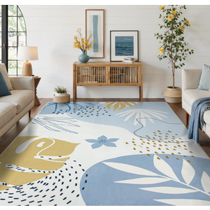 Lahome 9x12 Rugs for Living Room, Washable Non-Slip Ultra-Thin Large Area Rug for Dining Room Table, Boho Botanical Print Indoor Soft Carpet for Bedroom Office, Blue