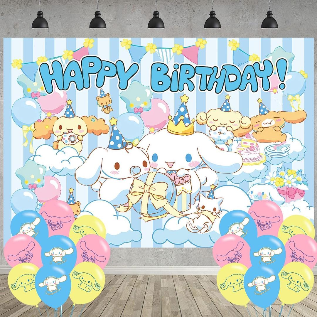 Cinnamoroll Birthday Party Decoration, Cinnamoroll Party Photo Background 5 x 3 FT and 18 Pcs Balloon, Dog Merch Party Backdrop Supplies