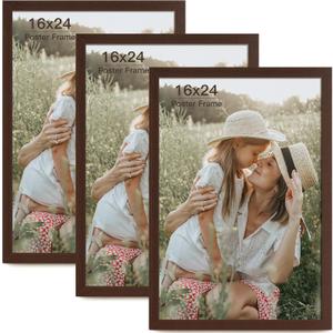 16x24 Frame Set of 3, Dark Brown Wood Grain 16x24 Poster Frame for Gallery Wall Mounting (3 Pack,Walnut)