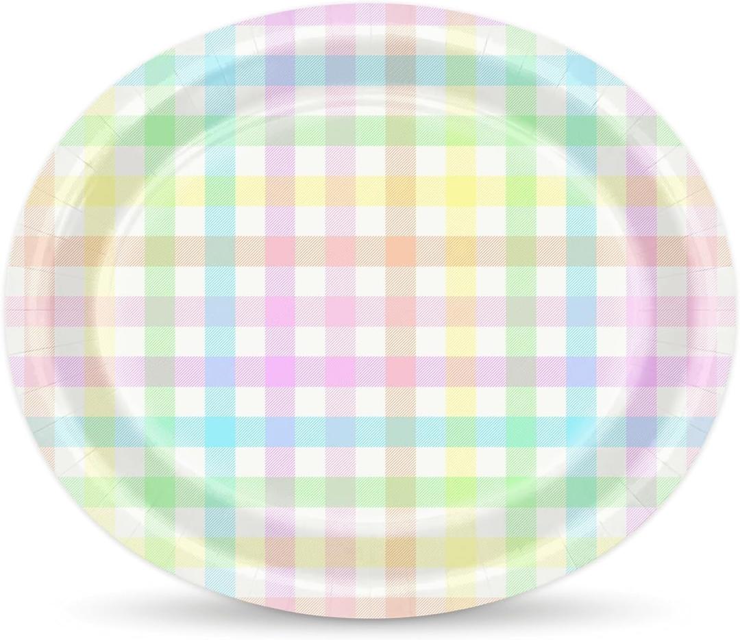 50Pcs Easter Oval Paper Plates Blue Pink Yellow Buffalo Plaid Dinner Plates Disposable Large Farmhouse Heavy Duty Paper Platter Colorful Plaid Dessert Plate for Seasonal Spring Party Supplies