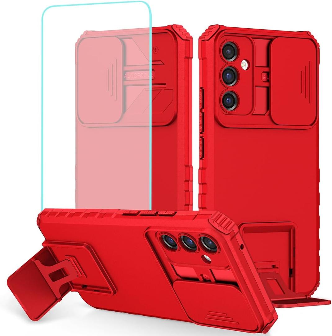 Case for Galaxy A15 Case, Samsung A15 SM-A156U Case with Tempered Glass Screen Protector and Slide Camera Cover, Heavy Duty Kickstand Slim Protective Phone Cover for Samsung Galaxy A15 Red