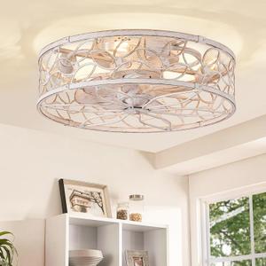 LEDIARY Caged Ceiling Fans with Lights, White Flush Mount Ceiling Fan with Remote&App, Small Low Profile Bladeless Ceiling Fan Light Fixture for Bedroom, Kitchen, Dining Room- White Gold, Medium