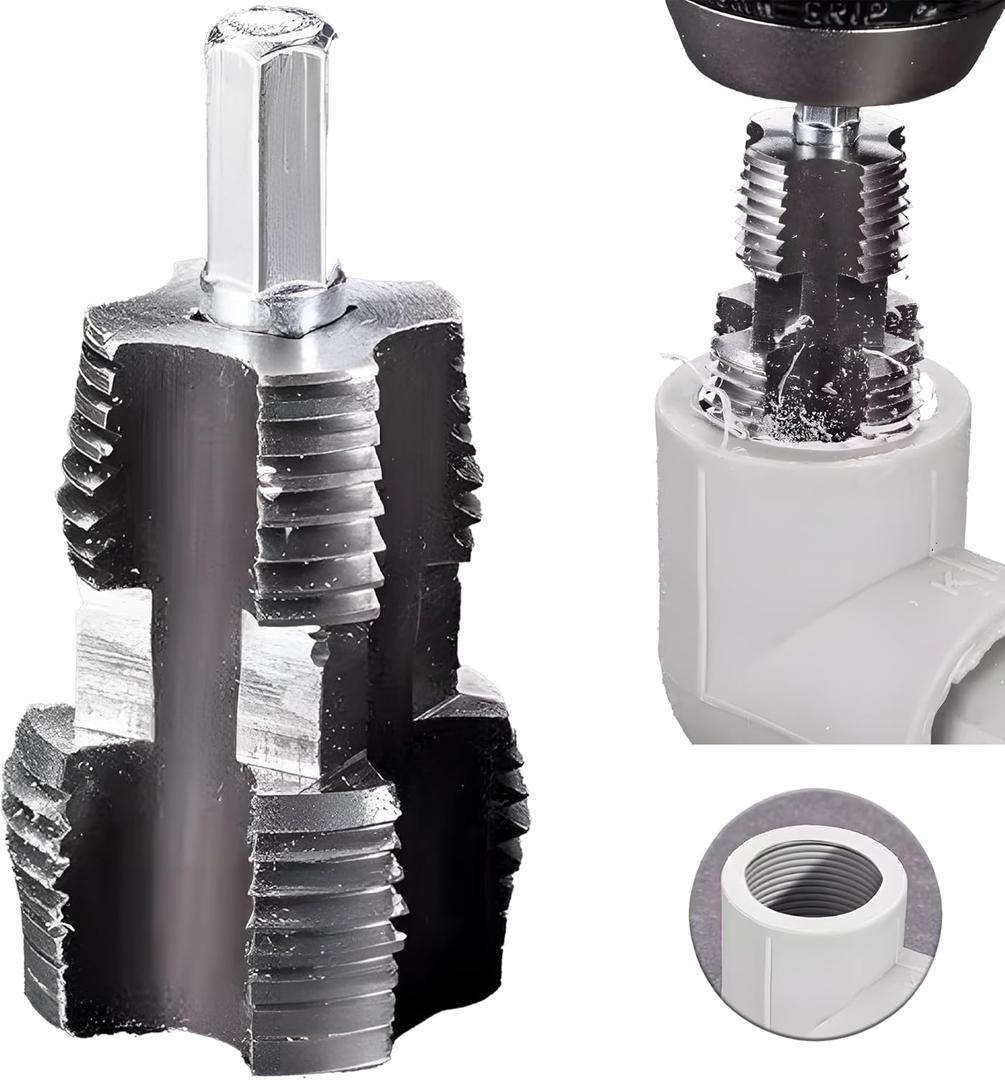 4 x Electric Drill Compatible PVC Pipe Threader Kit with Various Die Sizes, PVC Thread Maker Tool for Electric Drill, 1/2" 3/4" Tool, Plastic Pipe Threader Kit, Rethreading Tool for Water Pipes (Internal)