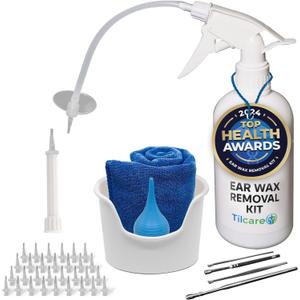 Ear Wax Removal Tool by Tilcare - Ear Irrigation Flushing System for Adults & Kids - Perfect Ear Cleaning Kit - Includes Basin, Syringe, Curette Kit, Towel and 30 Disposable Tips