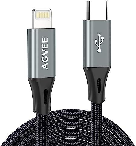 AGVEE 2 Pack 15ft 30W USB-C to Lightning Cable, Braided MFI PD Type-C to 8 Pin Charger Cord i-Phone Charging Wire, for iPad Pro iPhone 14 13 12 11 Pro Max, Case Friendly Dark Gray