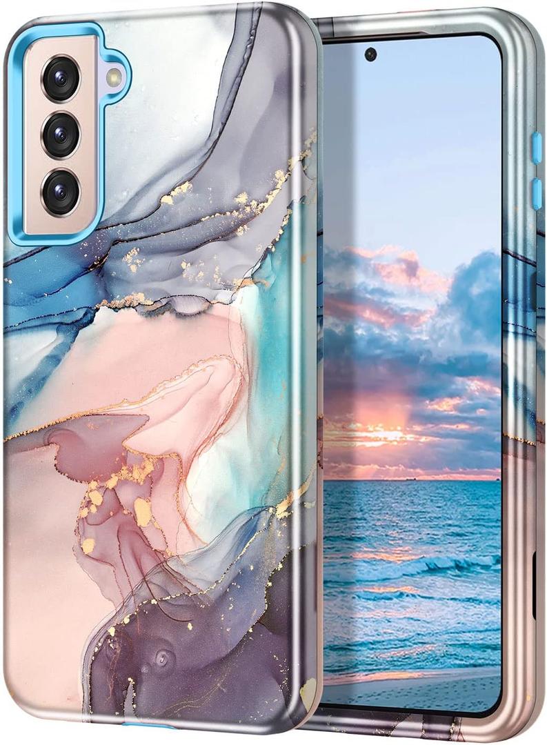 Btscase for Samsung S21 FE 5G 2022 Case, Marble Pattern 3 in 1 Heavy Duty Shockproof Full Body Rugged Hard PC+Soft Silicone Drop Protective Women Girl Cover for Samsung Galaxy S21 FE 5G, Blue Gray