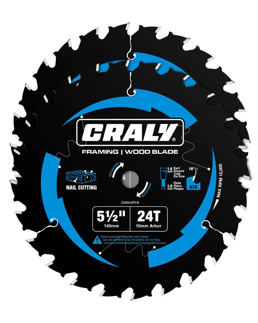 CRALY 5-1/2 Inch 24 Teeth Wood Cutting Framing Circular Saw Blade, 10mm Arbor, Carbide Tipped, Thin Kerf, Black Ice Coating, for Plywood, MDF, OSB, Laminated, 2-Pack(C05524FR-2B)