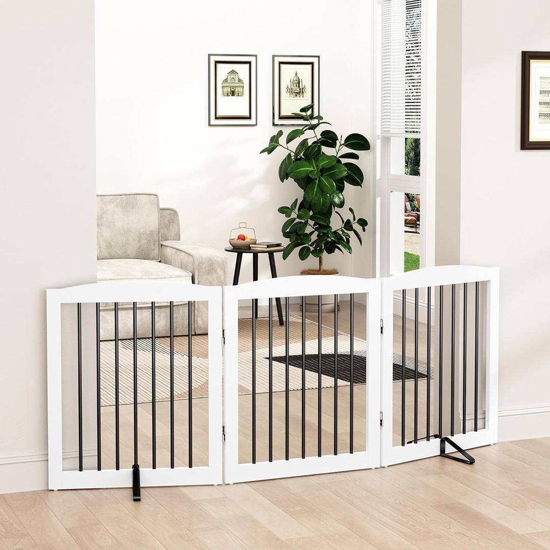 PUPETPO Freestanding Wooden Pet Gate for House, Foldable Indoor Dog Gate for Doorways, Stairs - 24" Height, 3 Panels, White