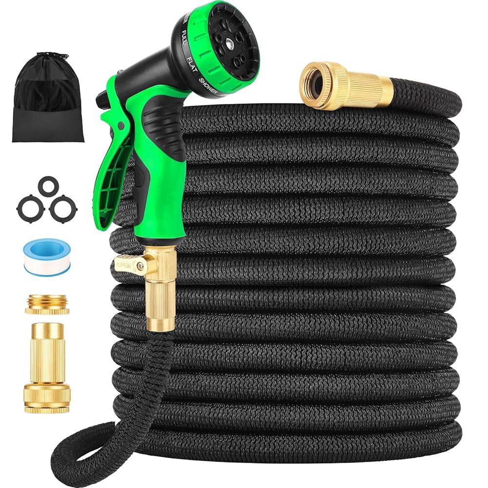 Garden Hose, Upgraded 4-Layer Latex Hose Pipe, 50FT Flexible Hose Pipe with 10 Function Nozzle 3/4" 1/2" Brass Connectors, Leakproof No-Kink Flexible Water Hose for Garden, Car Washing (50FT, Black)