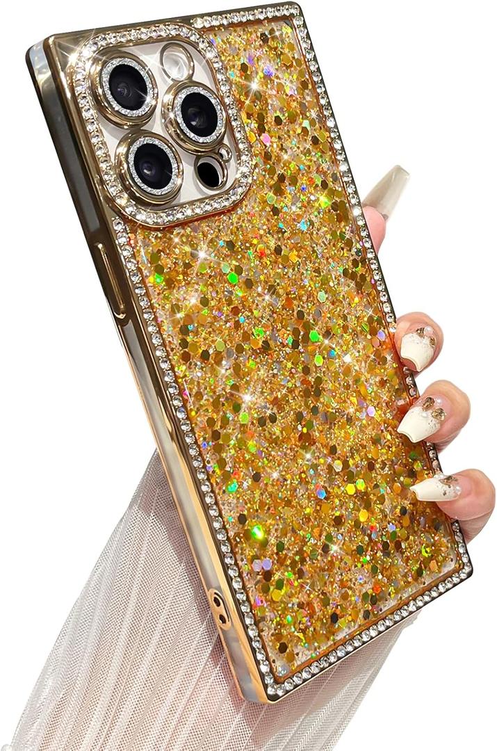 Yeddabox for iPhone 14 Pro Case Glitter, Luxury Sequin and Diamond Bumper Cover with Reinforce Corner, Soft Shockproof Protective Electroplated Case for iPhone 14 Pro for Women Girls, Gold