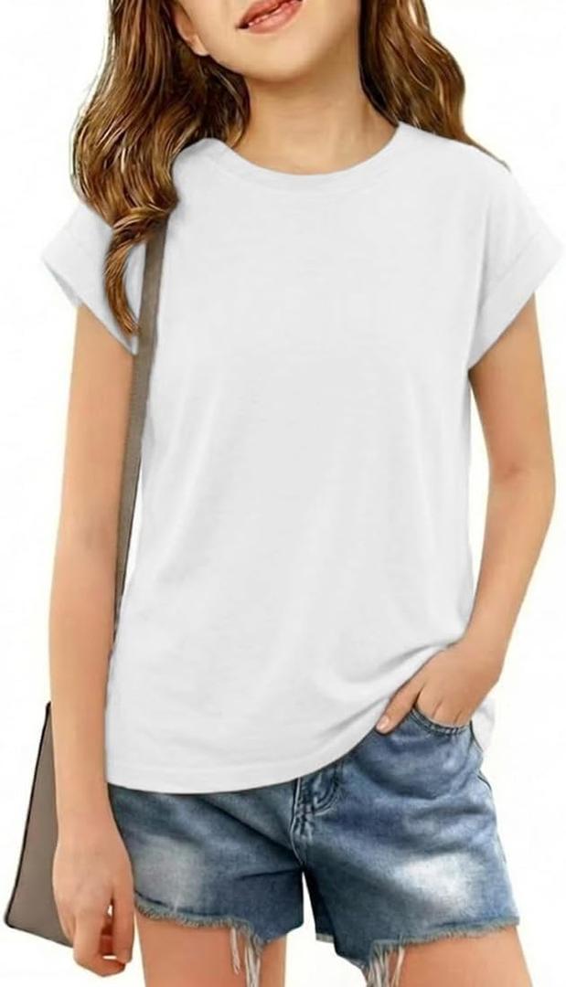 Girls Cap Sleeve T Shirts Kids Summer Crewneck Solid Tops Tees 5-14 Years (White)