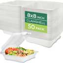 Freshware Compostable Clamshell Food Containers - 8x8" 50-Pack, Biodegradable Sugarcane To Go Boxes, Heavy Duty Paper Container - Microwave & Freezer Safe, Stackable