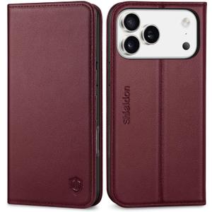 SHIELDON Wallet Case for iPhone 17 Pro Max 6.9" 2025 | Genuine Leather, RFID Blocking Credit Card Holder, Flip Design, Kickstand, Magnetic, Soft TPU Shock-Absorbent Cover - Wine Red