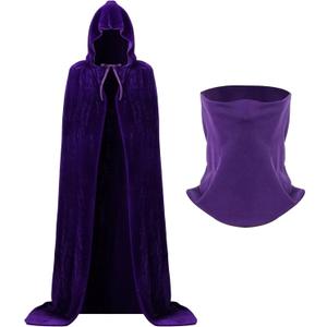 2 Pcs Witch Wizard Velvet Hooded Cape Unisex Robe Cloak with Neck Gaiter Face Mask for Cosplay Costumes Halloween (Purple, Large)