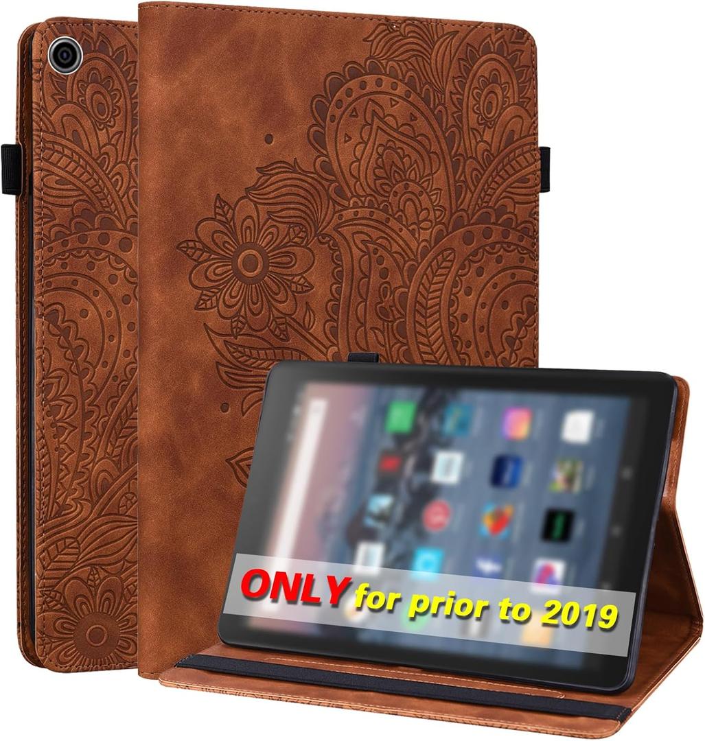 Amazon Kindle Fire HD 8 8th/7th/6th Generation Case 2016/2017/2018,Embossed Peacock Flower Pattern PU Leather Folio Wallet Shockproof Cover with Pencil Holder Elastic Band - Brown