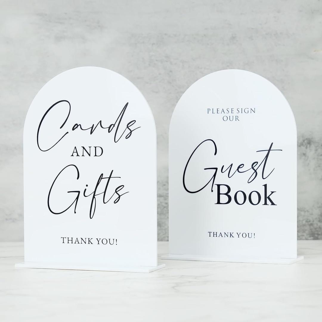 Set of 2 White Acrylic Wedding Signs, 5"x7" White Arch Acrylic Table Sign and Base, Modern Font TableTop Reception Sign for Wedding & Party Event