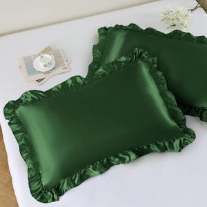 NSGZ Ruffled Satin Pillowcase Set of 2, Queen Size Silky Pillow Shams for Hair and Skin Care, Green Satin Pillow Covers with Envelope Closure, Anti Wrinkle Pillow Cases for Luxe Room Decor
