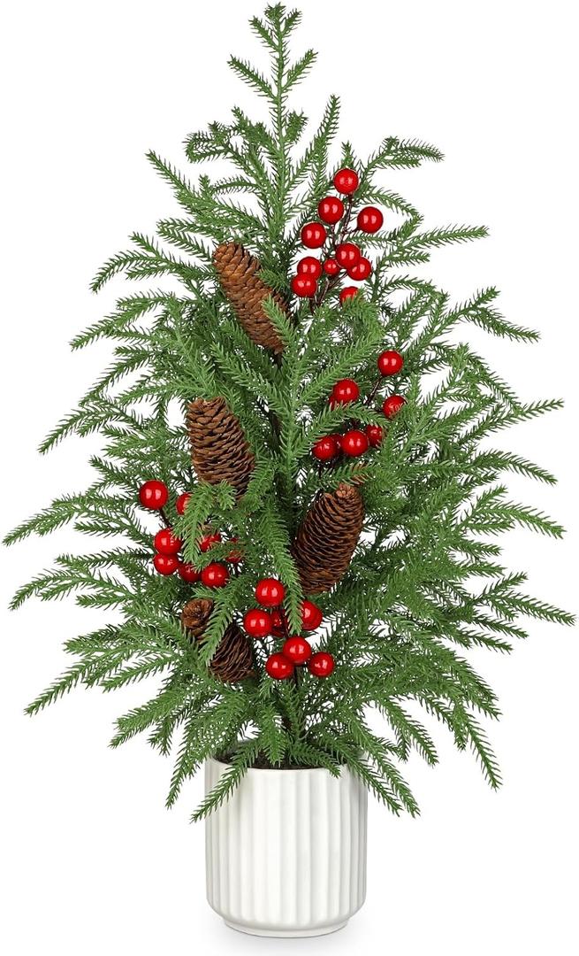 2 FT Artificial Norfolk Pine Tree, 24 inch Small Tabletop Christmas Tree Potted Christmas Trees Faux Pine Trees in Ceramic Pot Xmas Centerpiece Table Decorations for Indoor Outdoor Porch Dinner Table